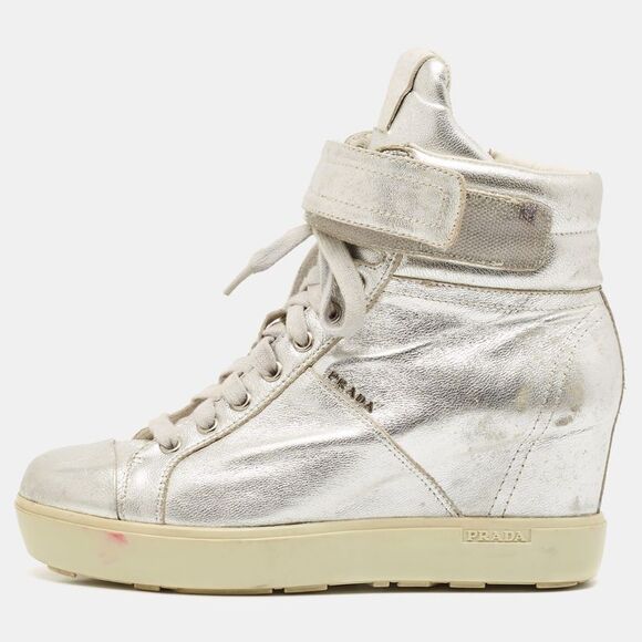 Prada Sport Silver Leather Wedge Sneakers Size 36 - Picture 1 of 7